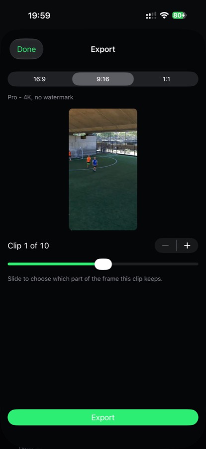 The export screen with 16:9, 9:16 and 1:1 format options