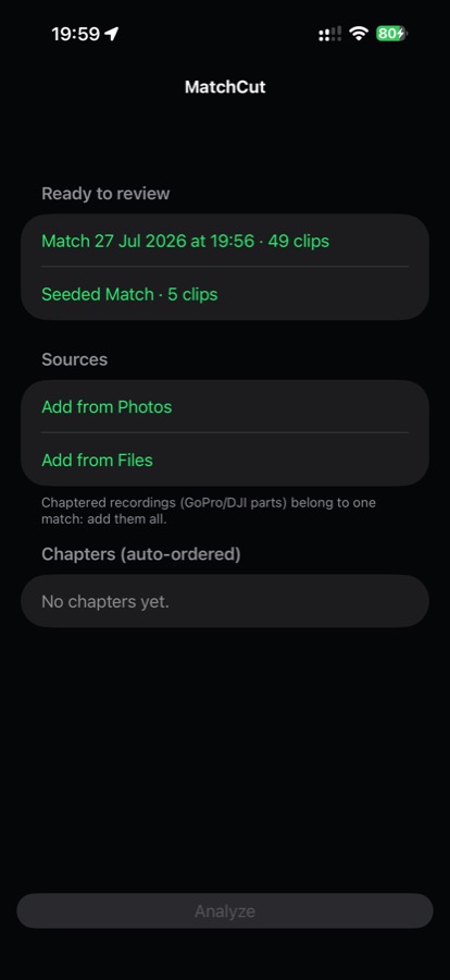 The MatchCut import screen, with Add from Photos and Add from Files