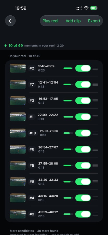 The review screen listing ranked moments with timestamps and toggles